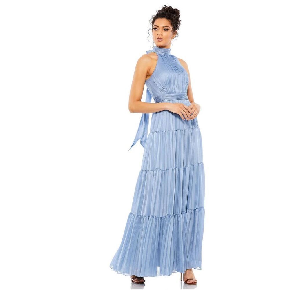 Mac Duggal CHIFFON RUCHED ILLUSION RAGLAN SLEEVE RUFFLED GOWN